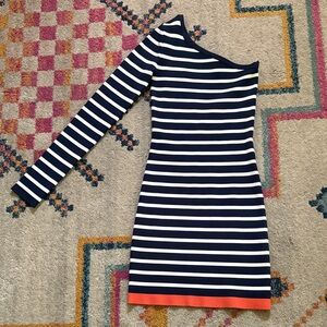 Navy and White BCBG Striped Dress with Orange Trim